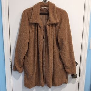 Kate & Sam Faux Fur Sherling Camel/Tan Teddy Bear Open Front Jacket Size XL EUC